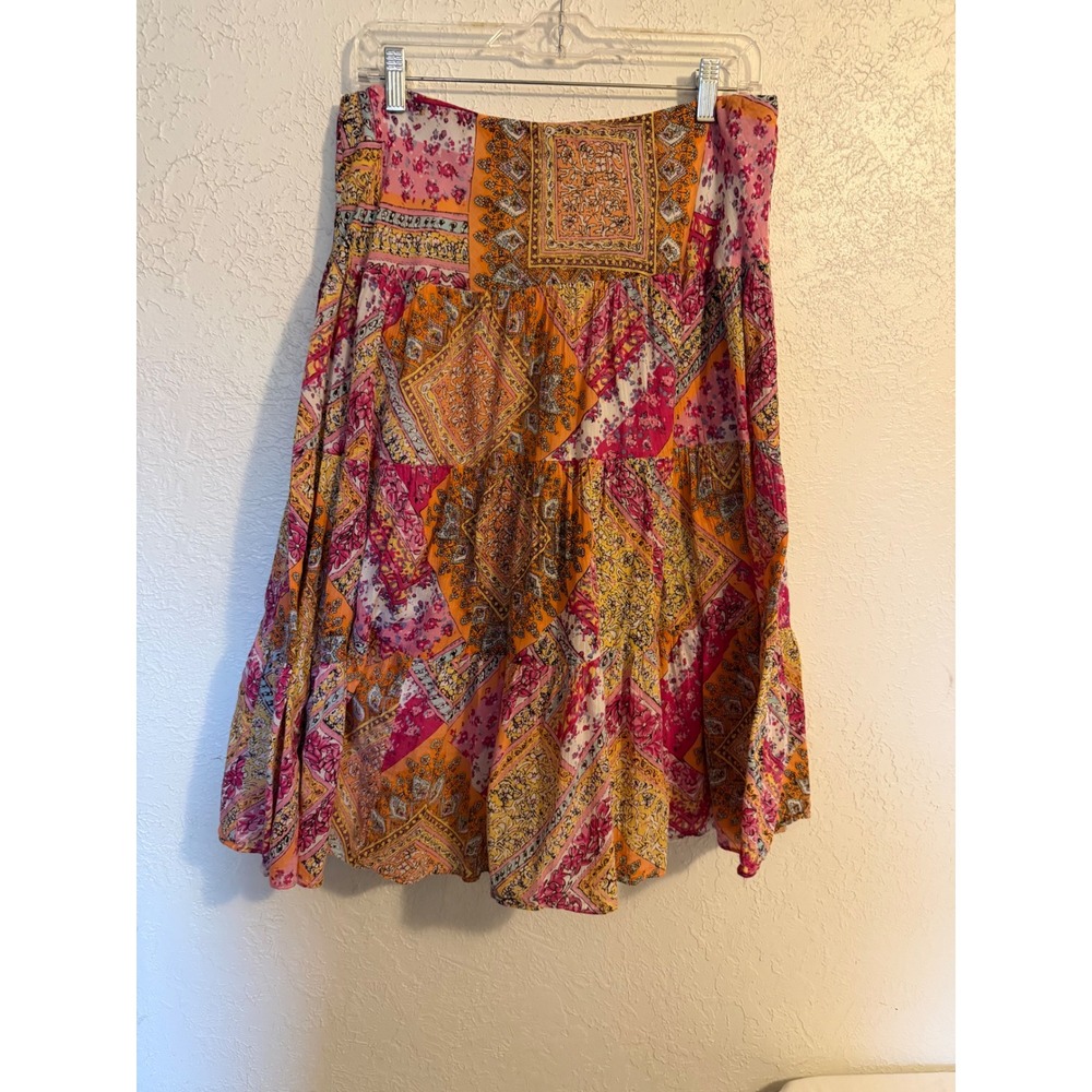 American Living Patchwork Tiered Cotton Midi Skirt Womens M Boho Cottagecore